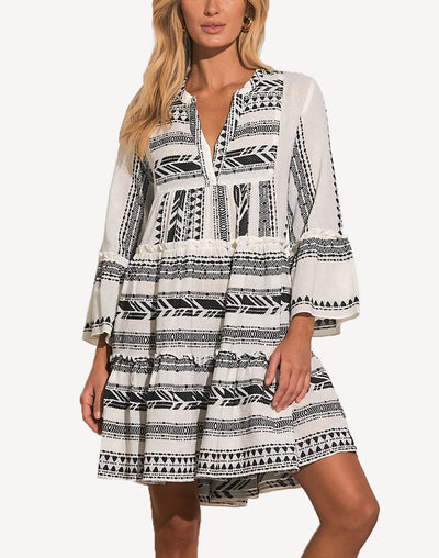 Aztec A Line Long Sleeve Short Dress#color_aztec-black-white