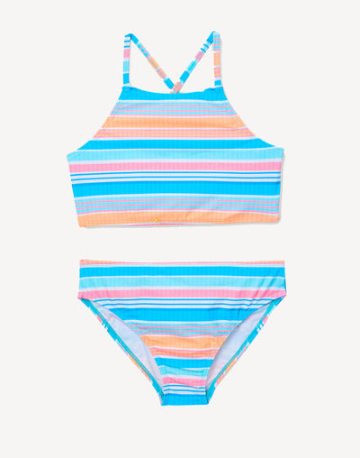 Girls Maui Stripe High Neck Bikini Set#color_maui-stripe-turquoise-multi