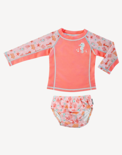 Infant Girls Seahorse UPF 50 Swim Shirt Diaper Set#color_seahorse-pink