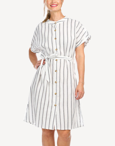 Stripe Belted Button Down Short Dress#color_stripe-white
