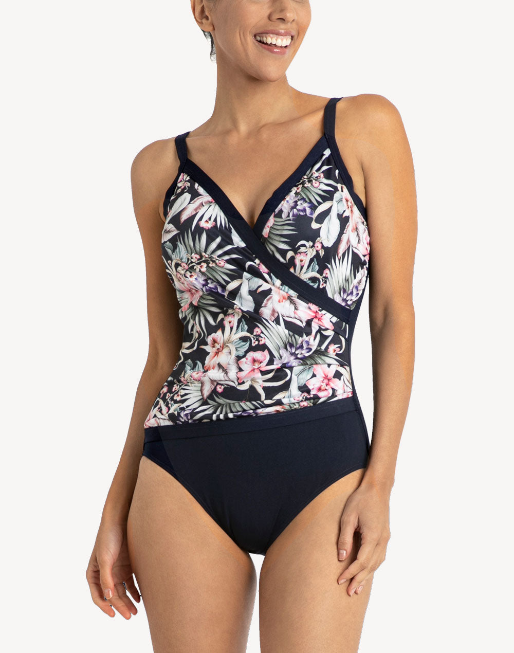Hibiscus Floral Cross Over Polyester One Piece#color_hibiscus-floral-navy