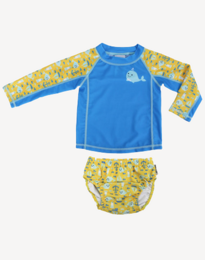 Infant Boys Whale UPF 50 Swim Shirt Diaper Set#color_whale-blue-yellow