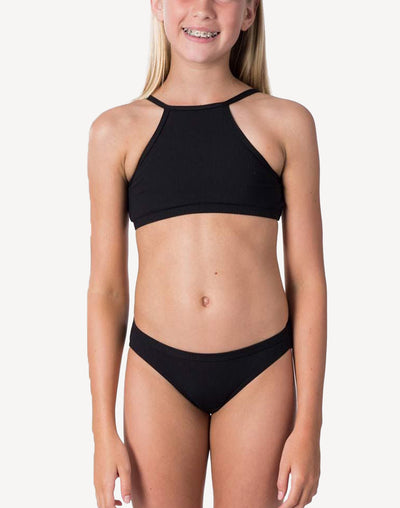 Girls Premium  Rib High Neck Bikini Set#color_black