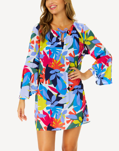 Tropic Stamp Bell Sleeve V Neck Tunic Cover Up#color_tropic-stamp-multi