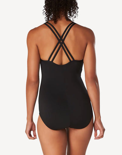 Mesh Blocked Polyester One Piece#color_black