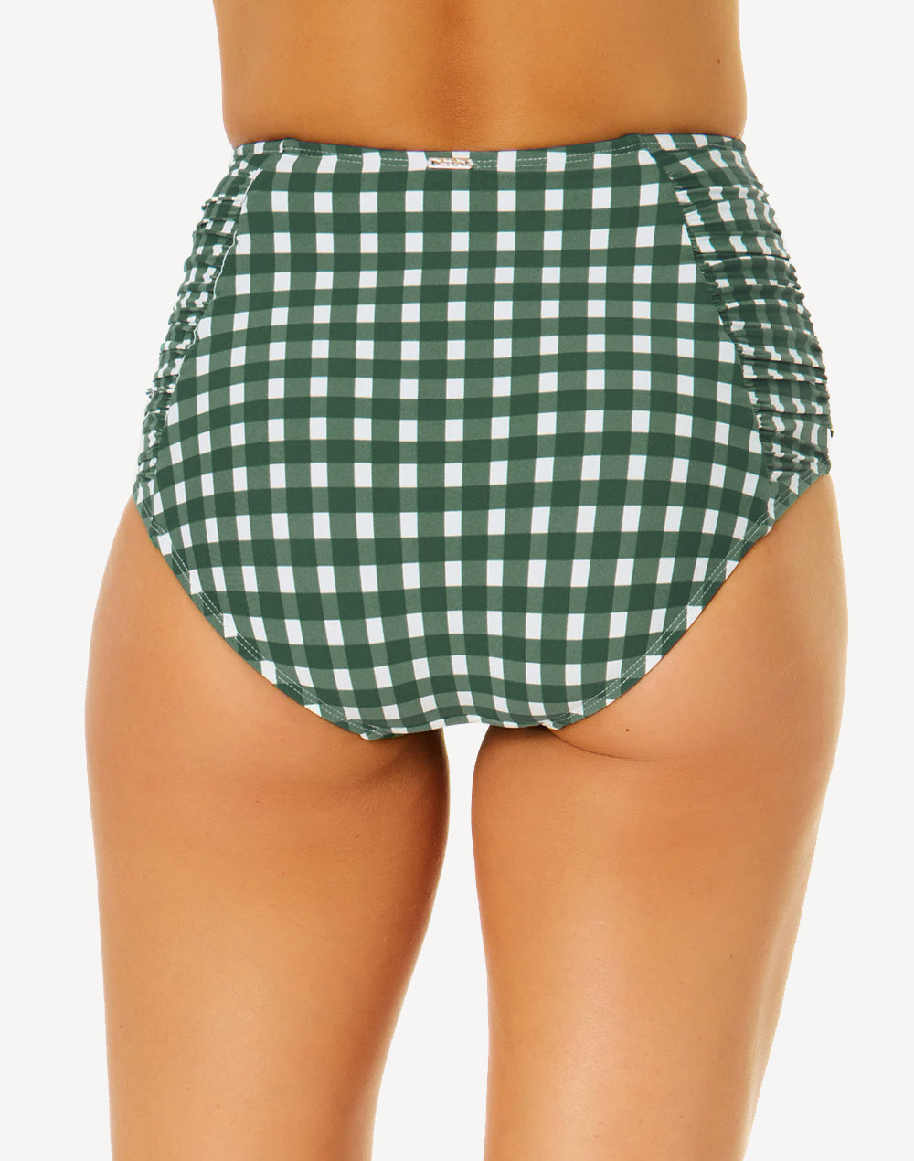 Gingham Side Shirred High Waist Bikini Bottom#color_gingham-ivy-green