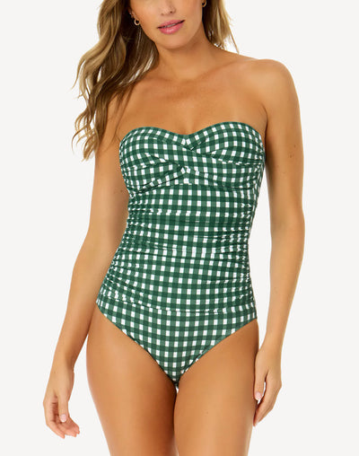 Gingham Twist Front Bandeau One Piece#color_gingham-ivy-green