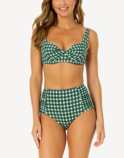 Gingham Side Shirred High Waist Bikini Bottom#color_gingham-ivy-green