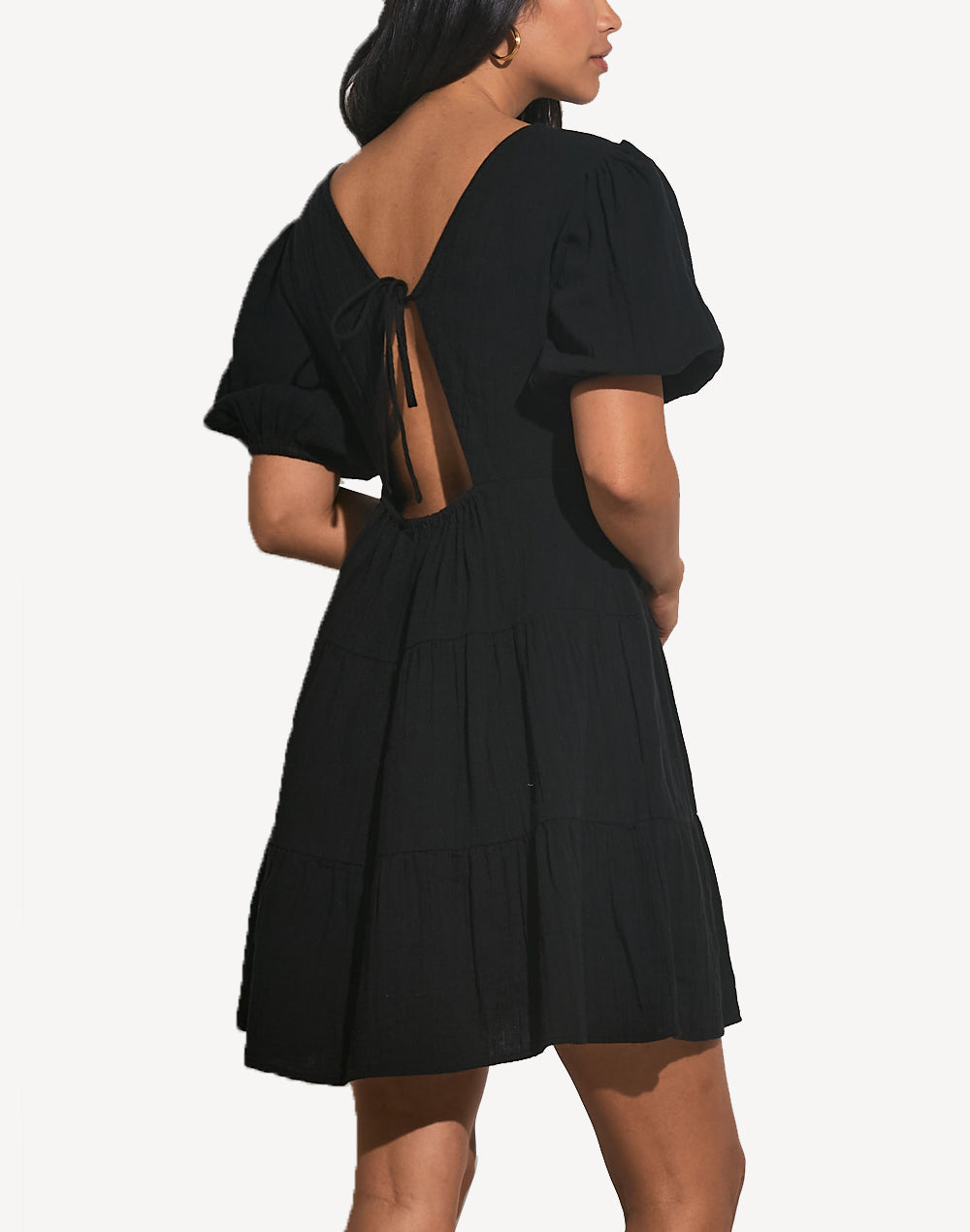 Puff Sleeve A Line Short Dress#color_black