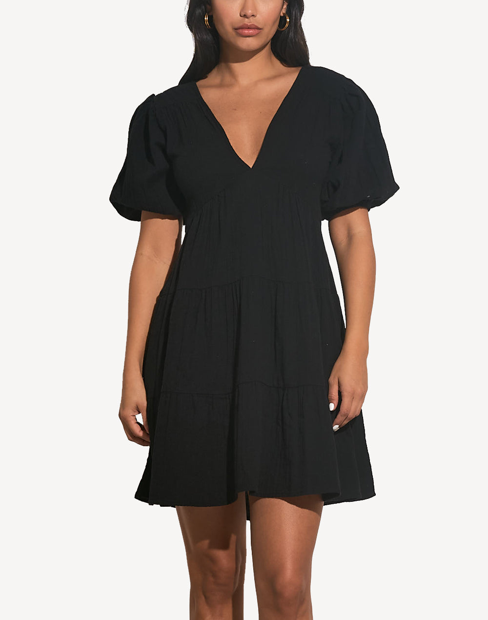 Puff Sleeve A Line Short Dress#color_black