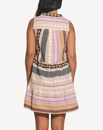 Aztec A Line Sleeveless Short Dress#color_aztec-tan-multi
