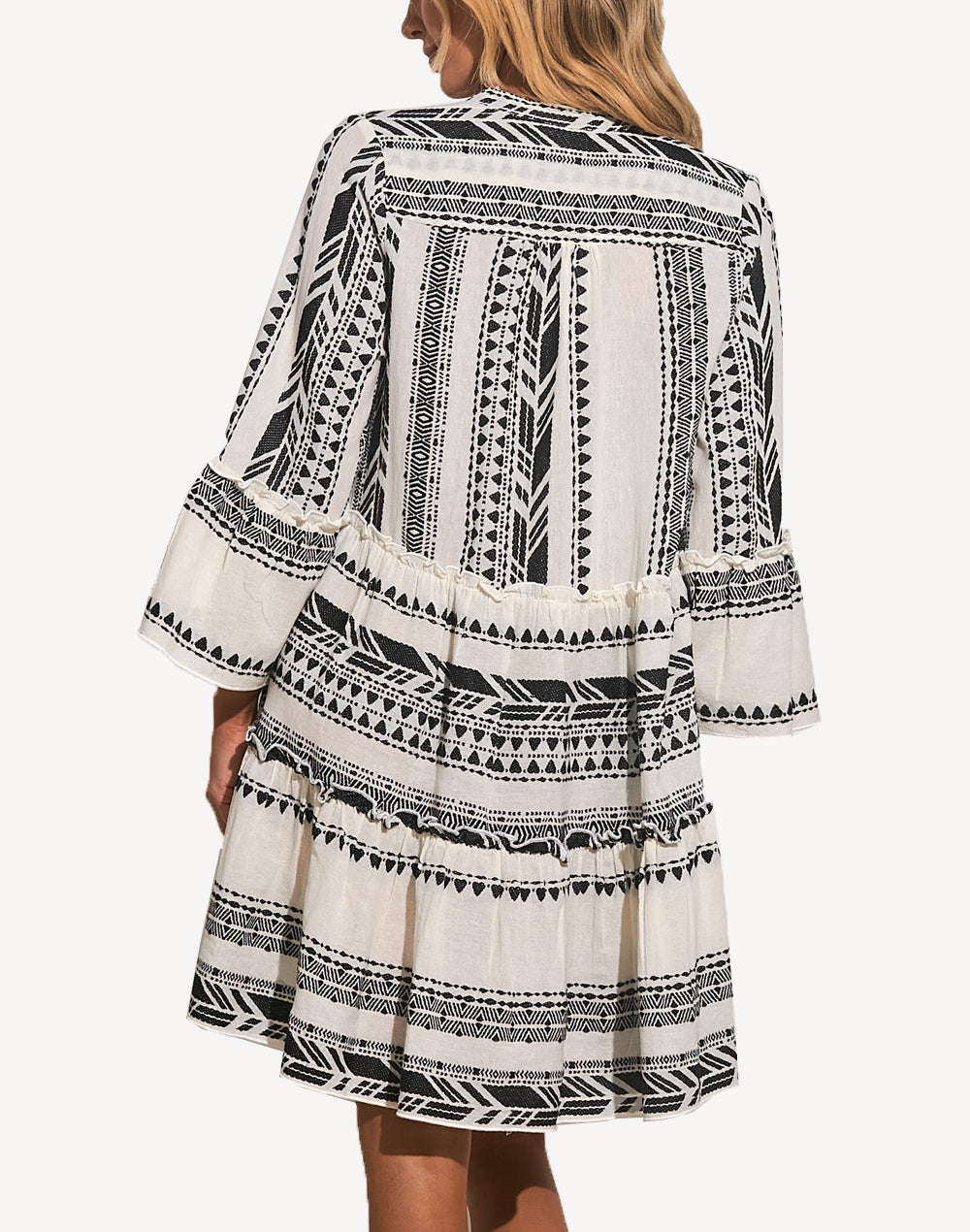 Aztec A Line Long Sleeve Short Dress#color_aztec-black-white