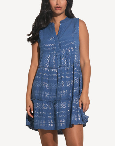 Aztec A Line Sleeveless Short Dress#color_aztec-blue-silver
