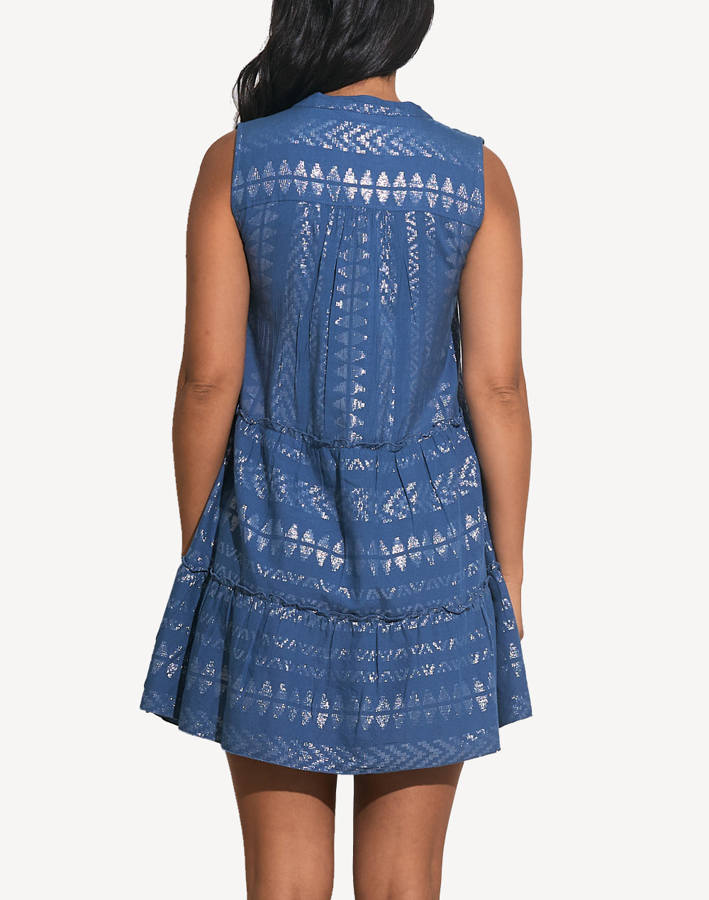 Aztec A Line Sleeveless Short Dress#color_aztec-blue-silver