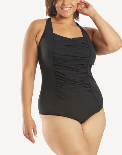 Solid Shirred Plus Size Polyester One Piece#color_black