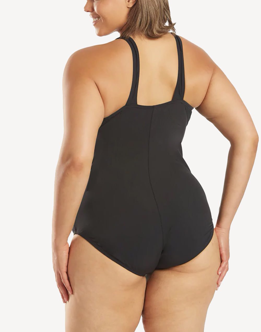 Solid Shirred Plus Size Polyester One Piece#color_black