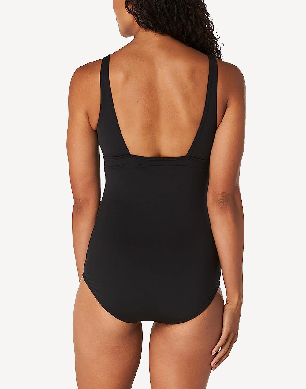 Solid V Neck Polyester One Piece#color_black