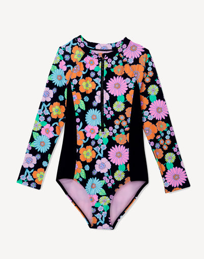 Girls Hyper Floral Long Sleeve Paddlesuit#color_hyper-floral-black-multi