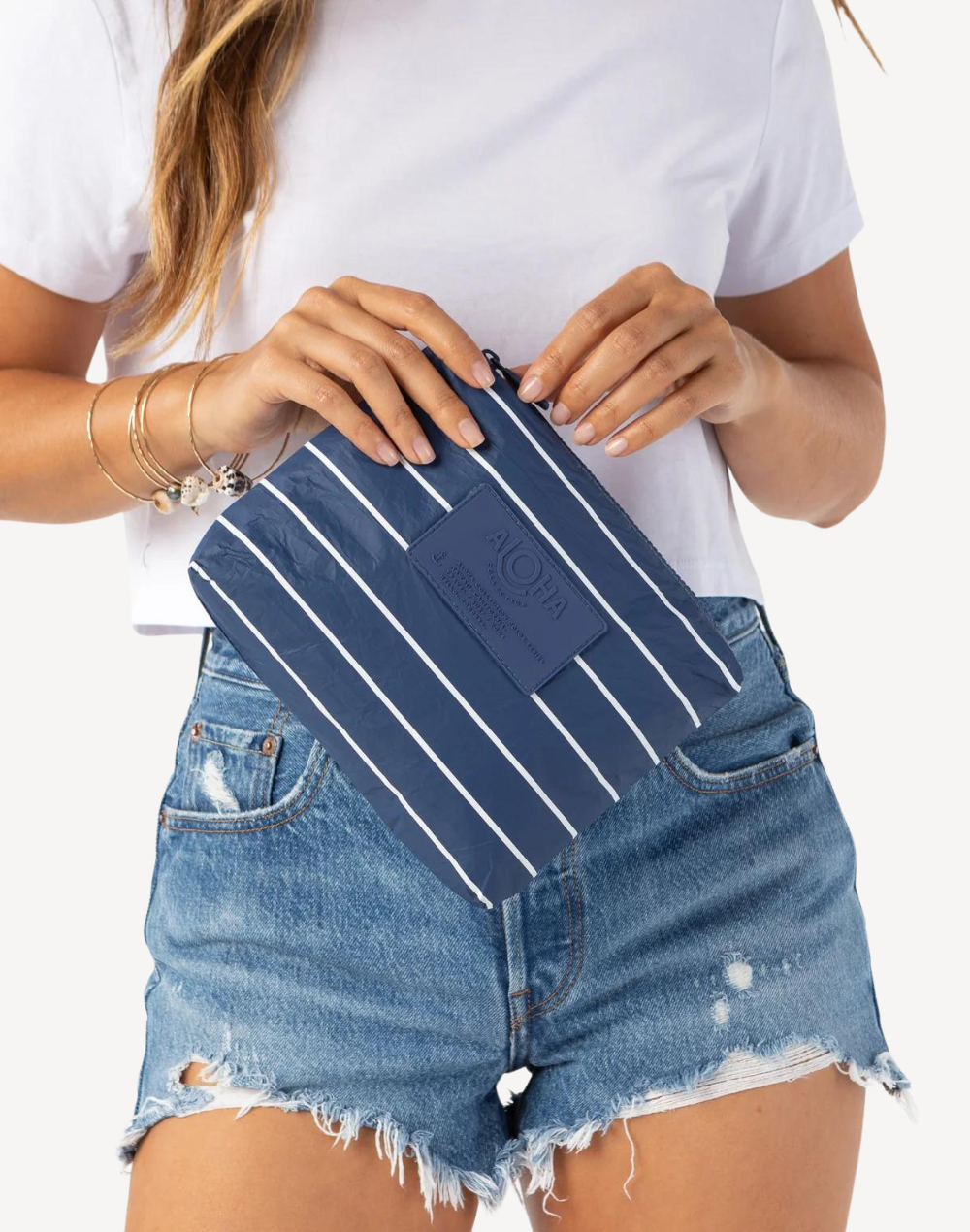 Pinstripe Small Size Pouch#color_white-on-navy