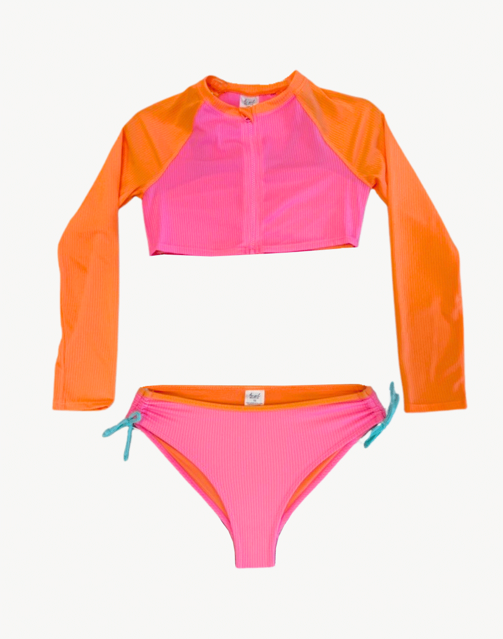 Girls On The Coast Bikini Set With Cropped Zip Front Rashguard#color_on-the-coast-pink-orange