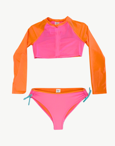 Girls On The Coast Bikini Set With Cropped Zip Front Rashguard#color_on-the-coast-pink-orange