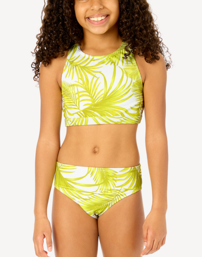 Girls Palm Paradise Rib High Neck Bikini Set#color_palm-paradise-green-white