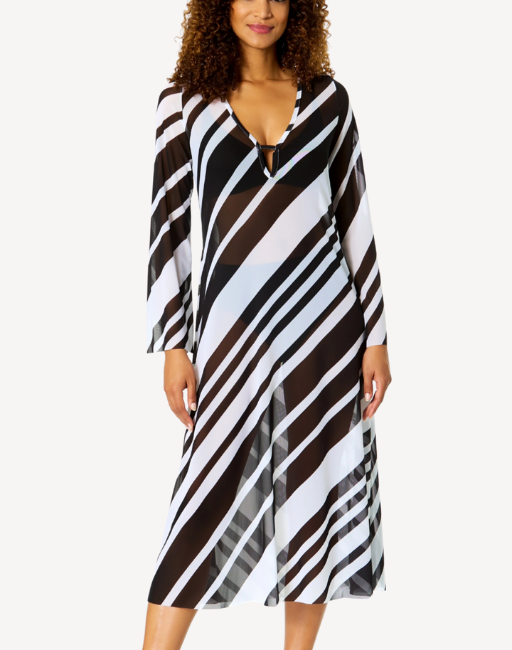 Bardot Stripe Keyhole Mesh Maxi Cover Up
