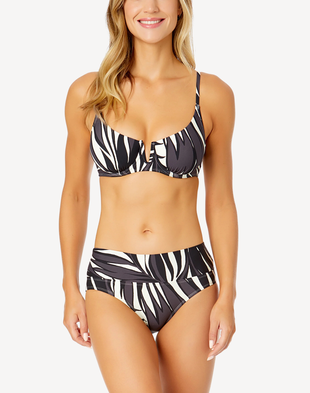 Palm Chic Elongated Triangle Underwire D/DD Cup Bikini Top#color_palm-chic-black-white