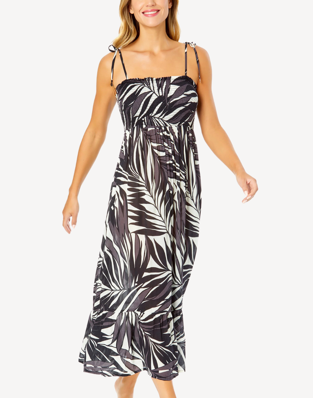 Palm Chic Smocked Shoulder Tie Maxi Dress#color_palm-chic-black-white