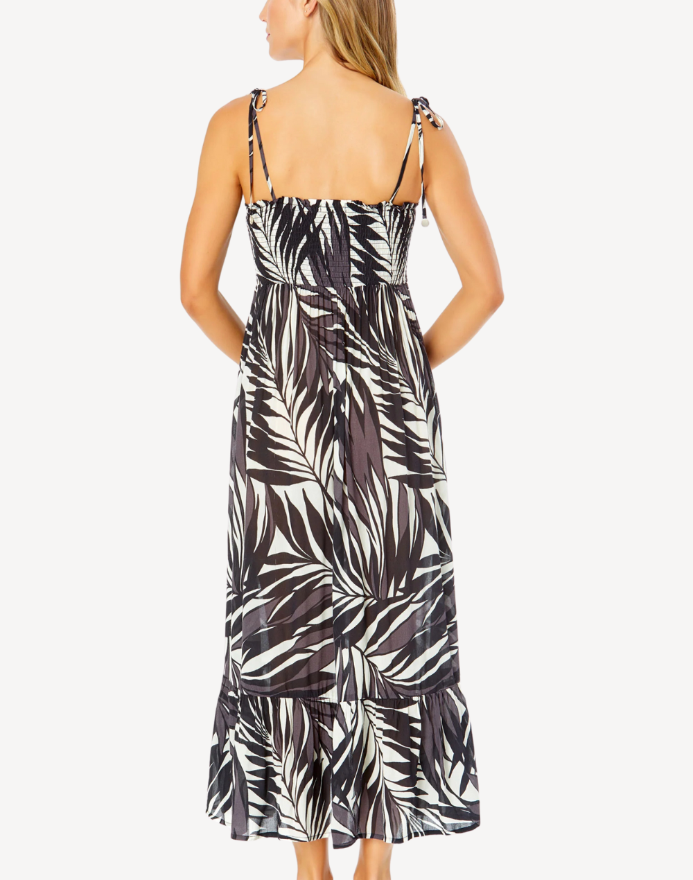 Palm Chic Smocked Shoulder Tie Maxi Dress#color_palm-chic-black-white