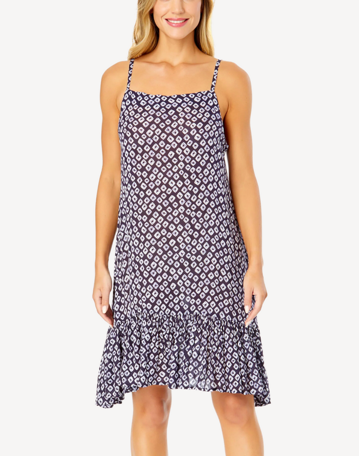 Shibori Geo A Line Ruffle Midi Dress