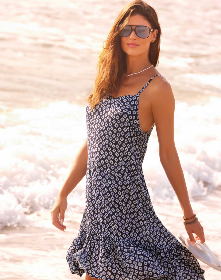 Shibori Geo A Line Ruffle Midi Dress