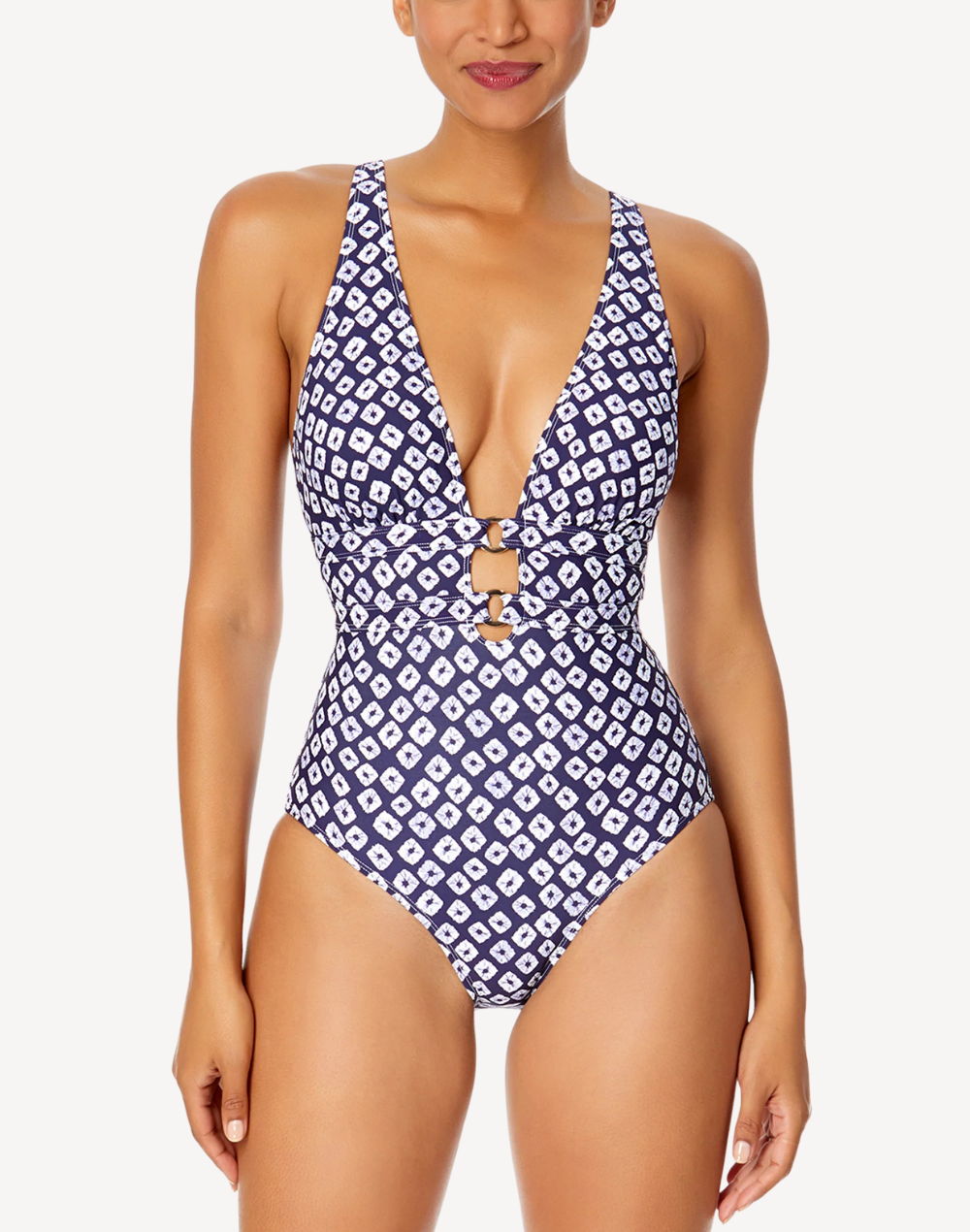 Shibori Geo Double Ring Plunge One Piece Swimsuit#color_shibori-blue-print