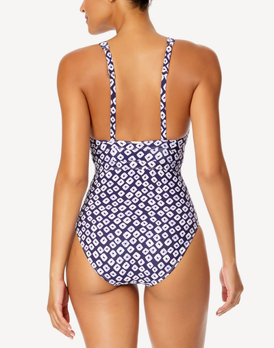 Shibori Geo Double Ring Plunge One Piece Swimsuit#color_shibori-blue-print