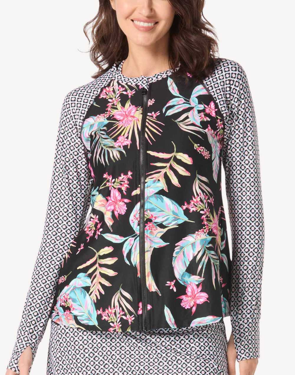 Endless Summer Mary Zip Front UPF 50 Rashguard#color_endless-summer-black