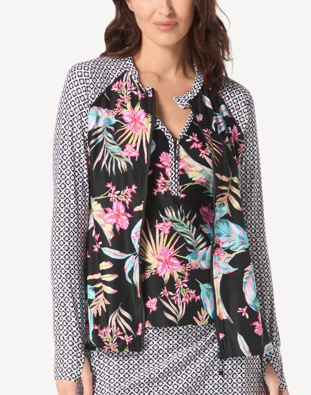 Endless Summer Mary Zip Front UPF 50 Rashguard#color_endless-summer-black