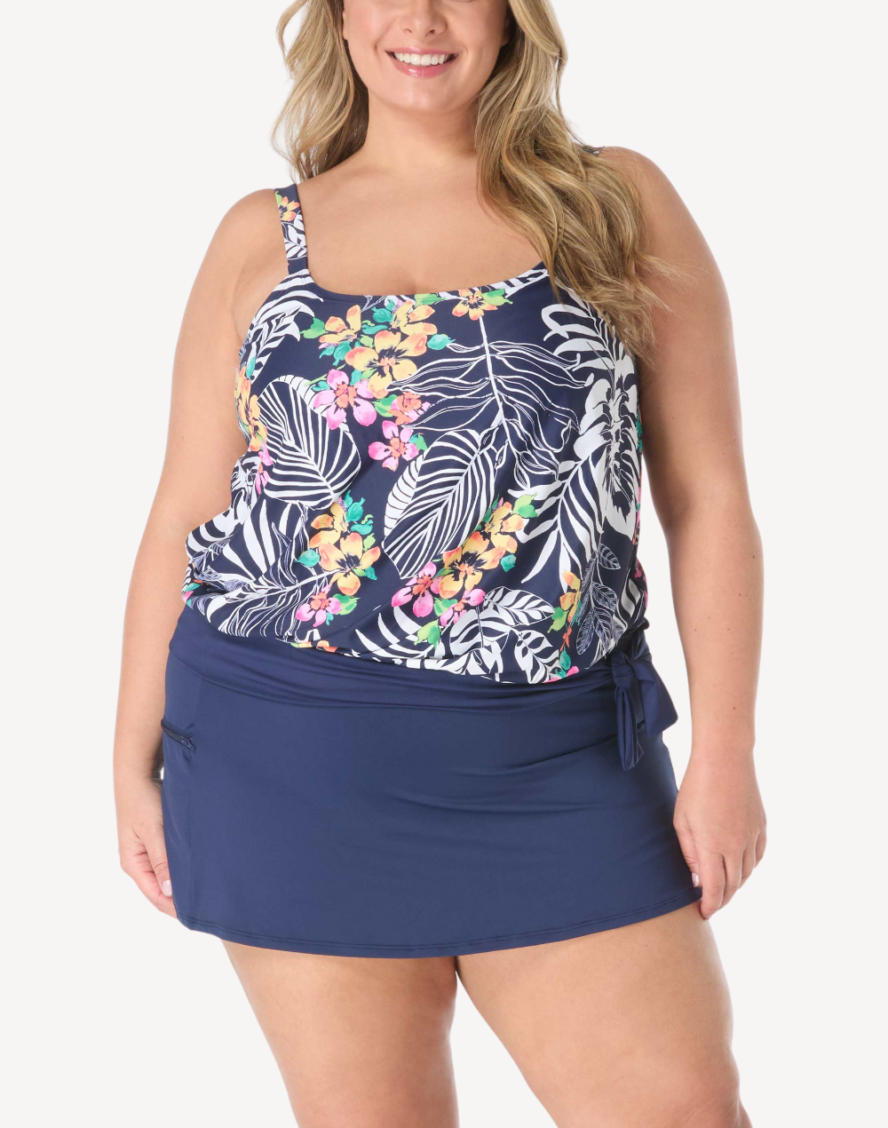 Indigo Jungle Sarah Plus Size Tankini Top#color_indigo-jungle-navy