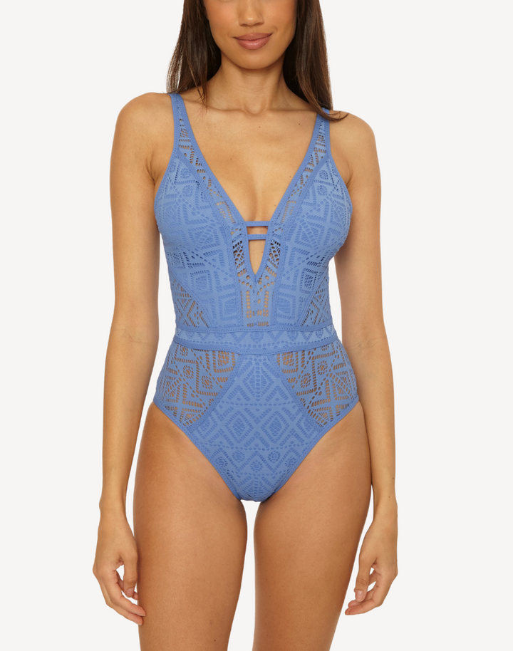 Colour Play Plunge Crochet One Piece Swimsuit