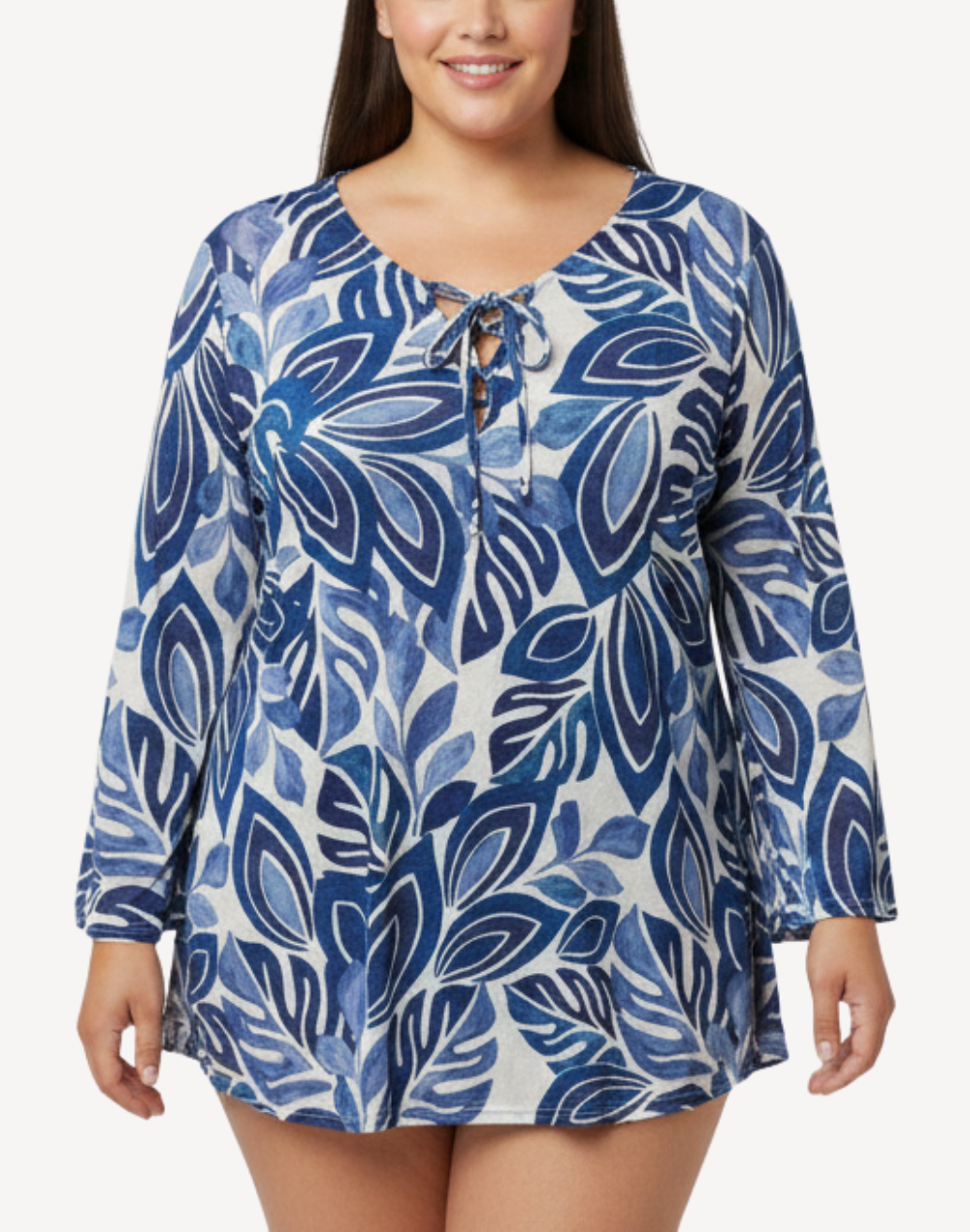 Sunny Isles Bell Sleeve Plus Size Tunic Cover Up#color_sunny-blue-and-white-print