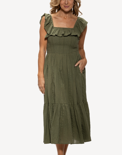 Tiered Flounce Smocked Maxi Dress#color_flounce-olive