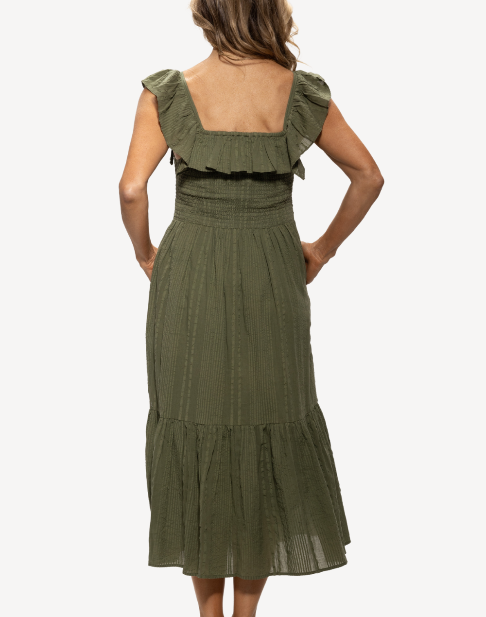 Tiered Flounce Smocked Maxi Dress#color_flounce-olive