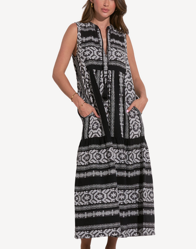 Aztec A Line Sleeveless Maxi Dress#color_aztec-black-white