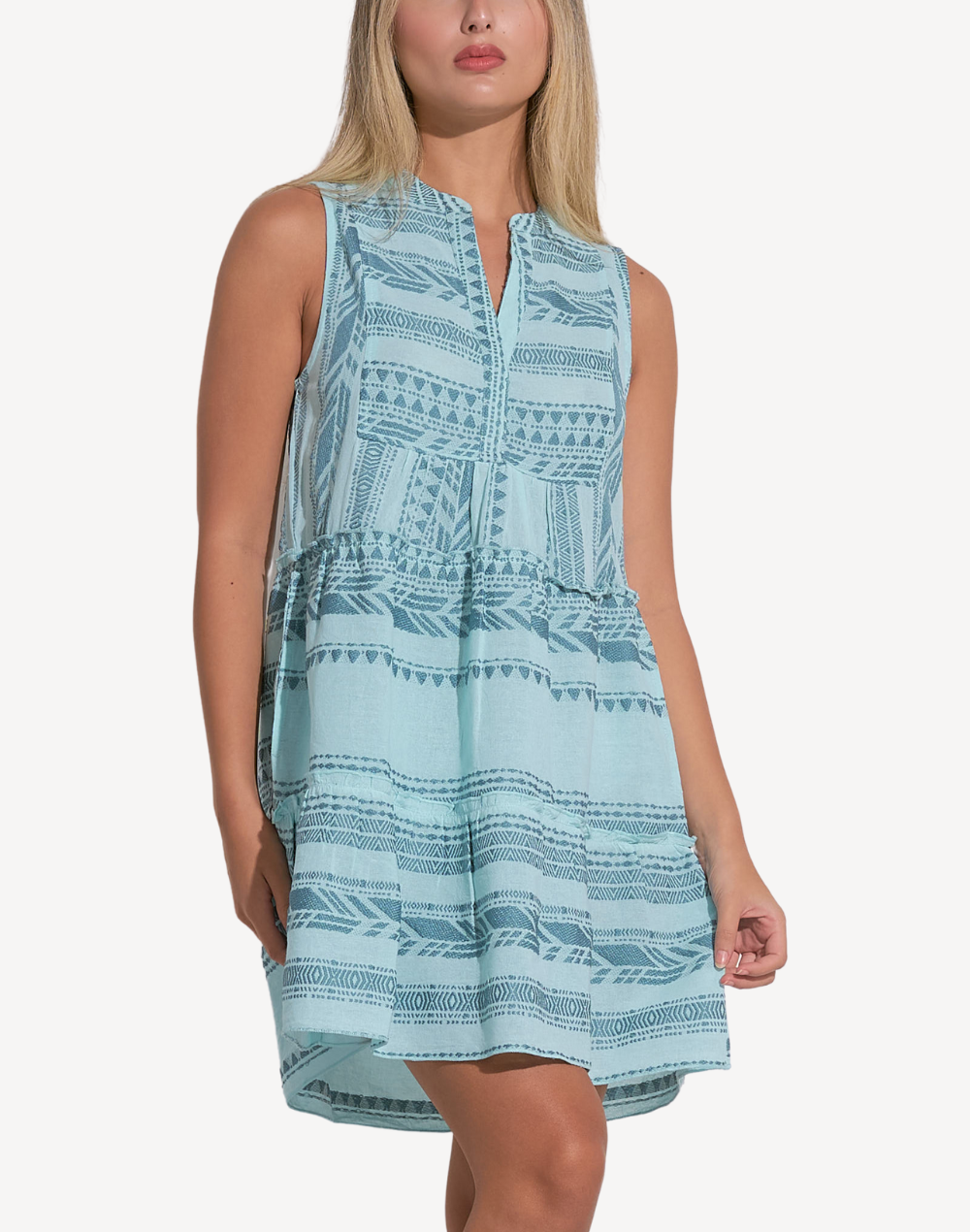 Aztec A Line Sleeveless Short Dress#color_aztec-blue-two-tone