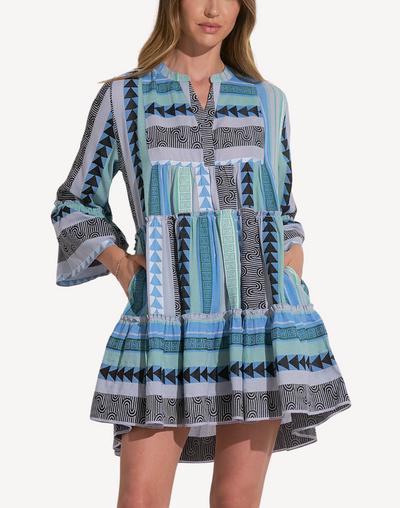 Chateau Aztec A Line Long Sleeve Short Dress#color_chateau-blue-green