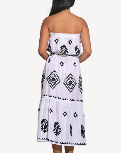 Ruffle Top Strapless Maxi Dress#color_ruffle-white-black