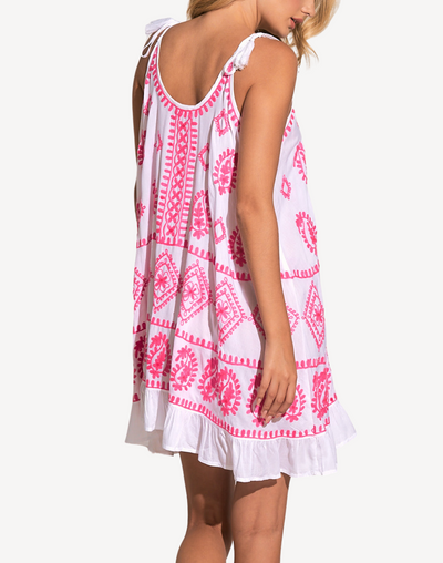 Tie Strap Embroidered Mini Dress#color_ruffle-white-neon-pink