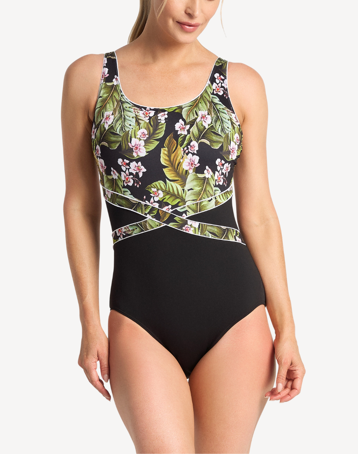 Floral Leaves Splice Mastectomy Polyester One Piece Swimsuit