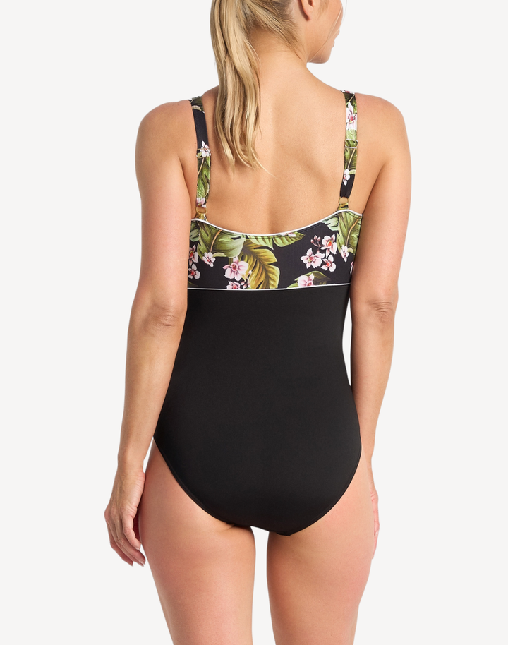 Floral Leaves Splice Mastectomy Polyester One Piece Swimsuit