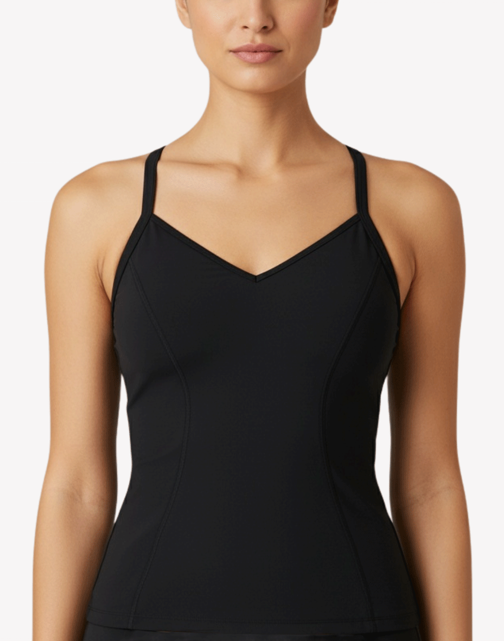 Solid Panel Polyester Tankini Top#color_black