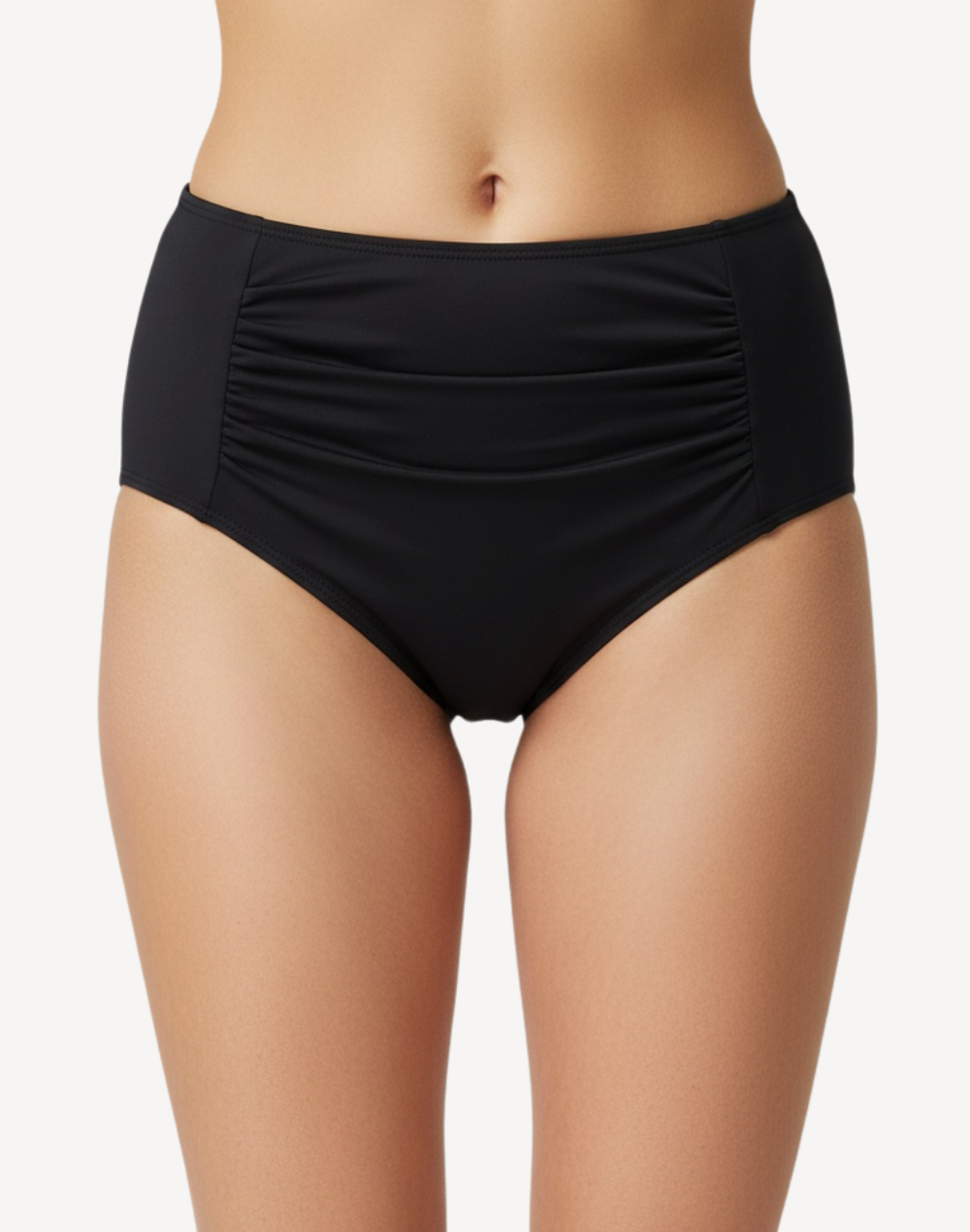 Solid Wide Side Ruched Polyester Bikini Bottom#color_black